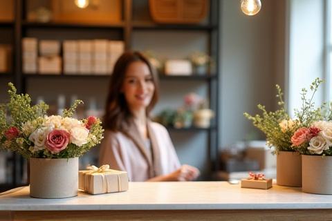 Charming checkout counter with small bouquets and gifts at Jendrixovalmora.
