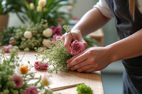 Florist working in the Jendrixovalmora design studio, surrounded by flowers.