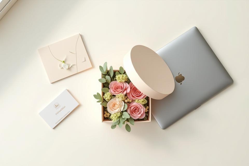 Sophisticated flat-lay of a floral gift box, a branded card, and a sleek laptop, representing corporate gifting.