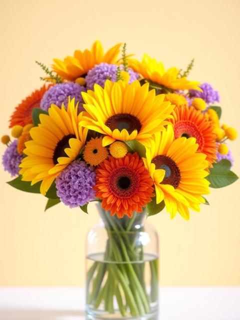A cheerful and bright custom birthday bouquet with sunflowers, orange gerberas, and purple asters.