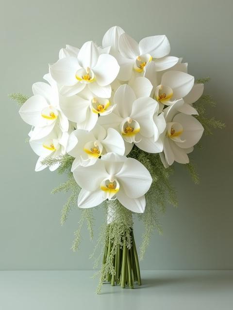 An elegant cascading custom bridal bouquet with white orchids, roses, and trailing greenery.