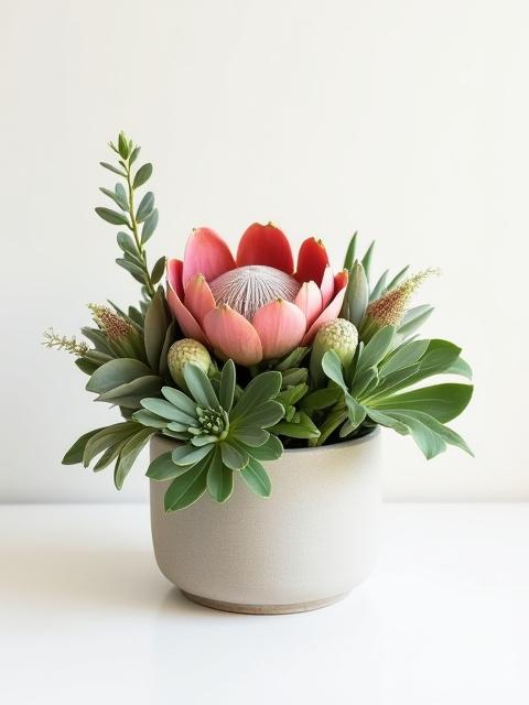 A modern, architectural custom arrangement featuring protea, succulents, and unique tropical foliage.