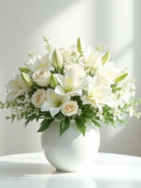 A serene and dignified custom sympathy arrangement featuring white lilies, cream roses, and soft greenery.