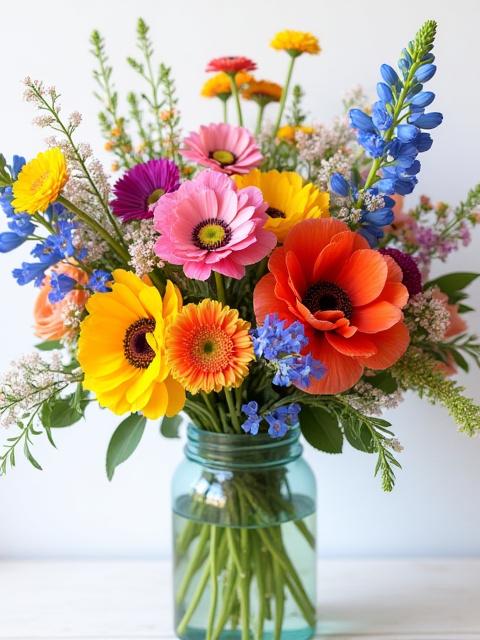 A custom wildflower-inspired bouquet with mixed vibrant blooms like ranunculus, poppies, and delicate fillers.