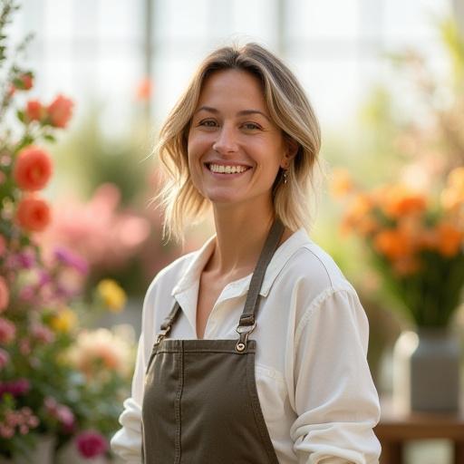 Portrait of Elara Vance, Jendrixovalmora's Lead Floral Designer, smiling amidst a backdrop of fresh flowers.