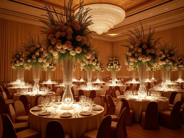 Elaborate table centerpieces in a grand ballroom for a gala event