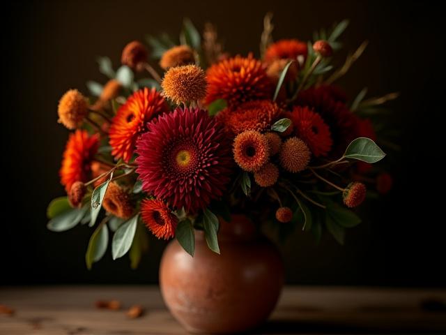 Rich autumn bouquet with deep red chrysanthemums, orange berries, and rustic green foliage