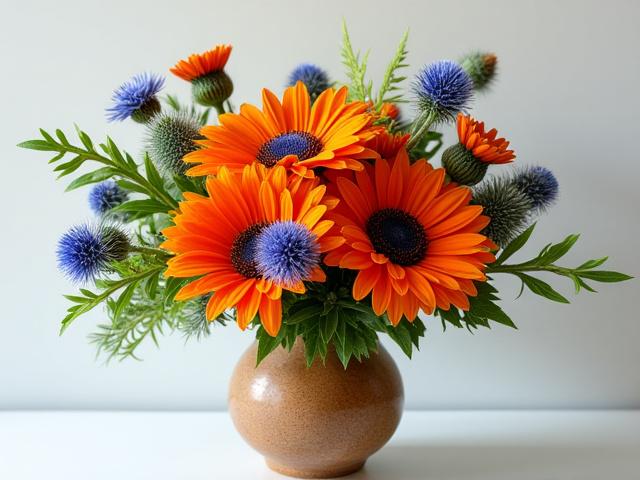 A vibrant, asymmetrical modern arrangement with orange gerbera daisies, blue thistle, and unique foliage in an artisanal ceramic pot.