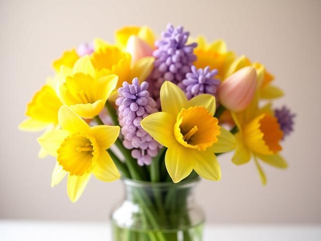 Vibrant spring bouquet with tulips, daffodils, and hyacinths in shades of yellow and purple
