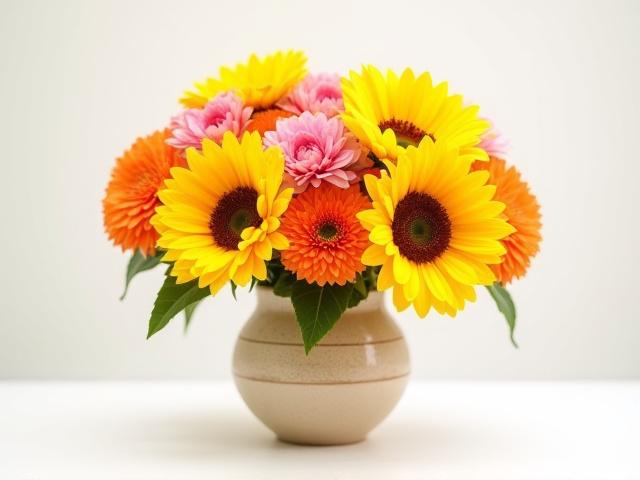 Bright summer bouquet featuring large, sunny sunflowers and lush pink and orange dahlias