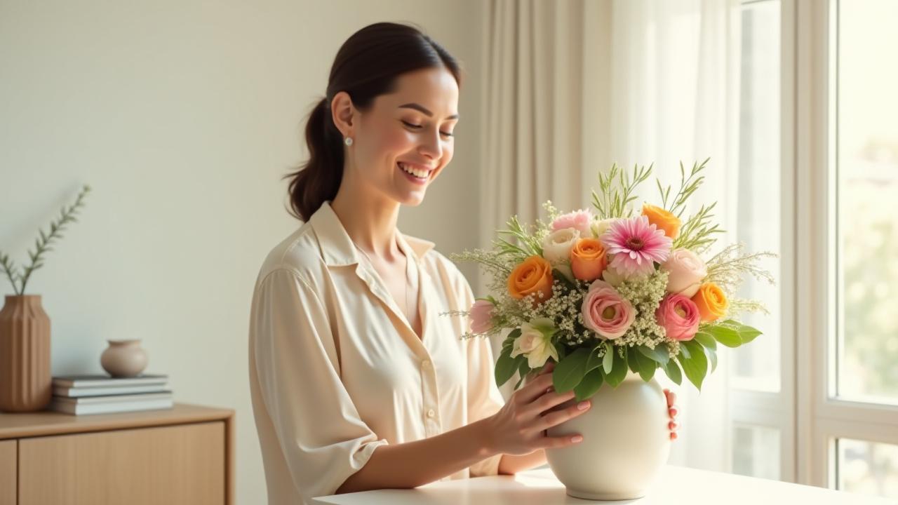A woman with a serene smile gently placing a vibrant, fresh Jendrixovalmora subscription bouquet into an elegant vase on a minimalist wooden table in a sunlit living room