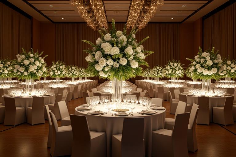 Elegantly decorated corporate event space with floral arrangements