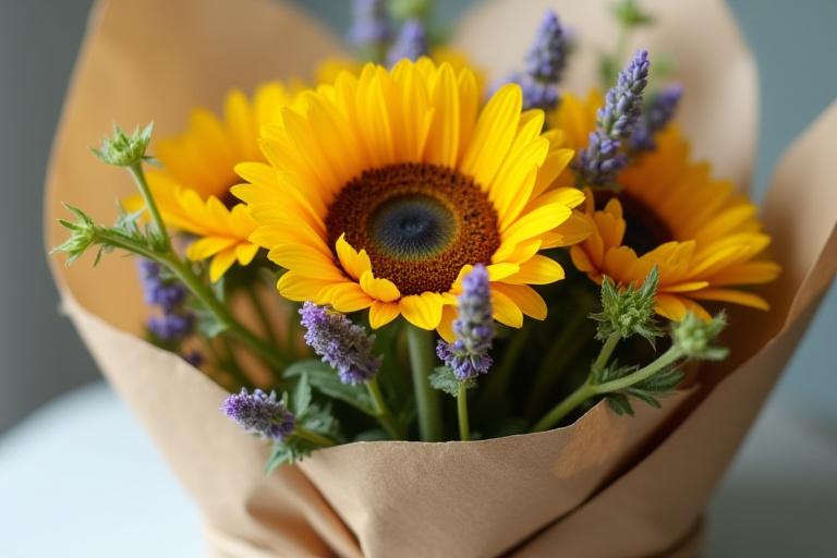 Beautiful flower arrangement wrapped in rustic, eco-friendly paper packaging