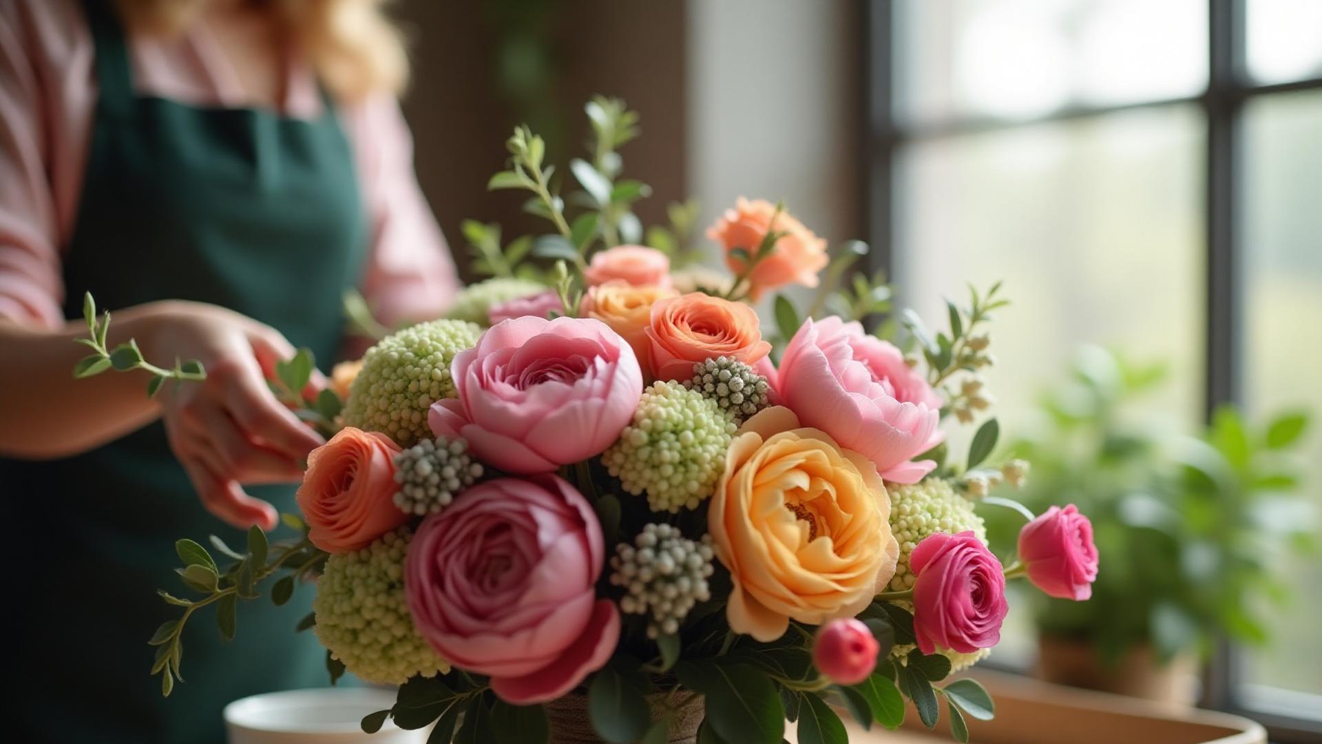 Florist artfully arranging a lush, fresh floral bouquet