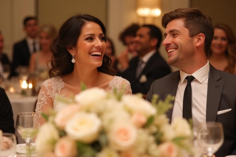 Happy couple surrounded by lush wedding flowers at their reception