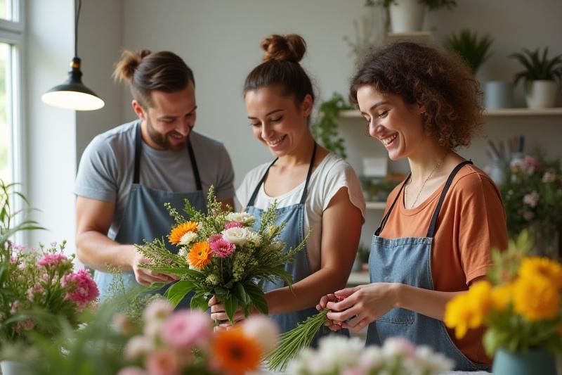 Warm, authentic group photo of Jendrixovalmora florists at work in their design studio