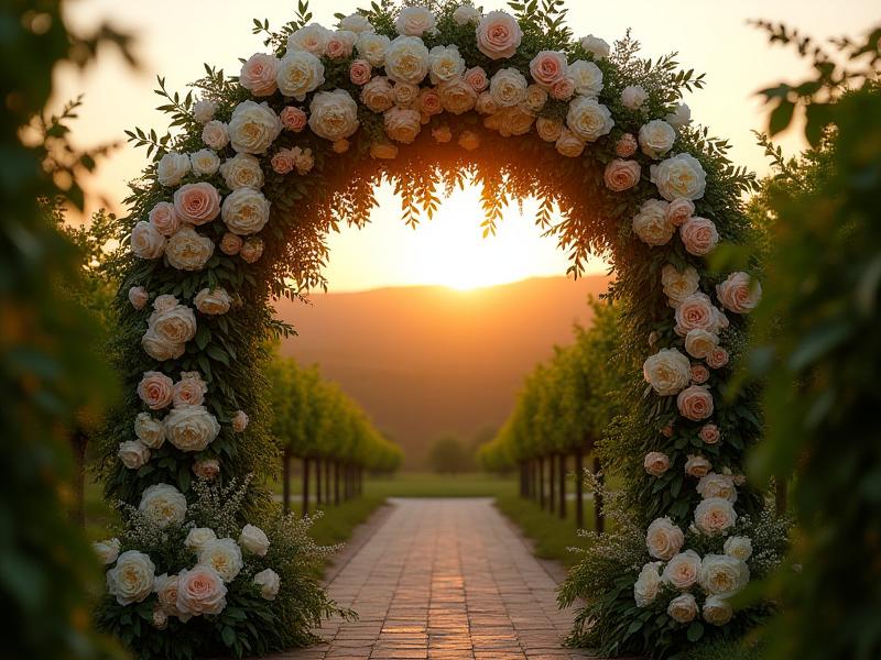A stunning wedding floral arch with white and blush flowers and lush greenery