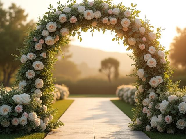 Elegant wedding floral arch and bridal bouquet