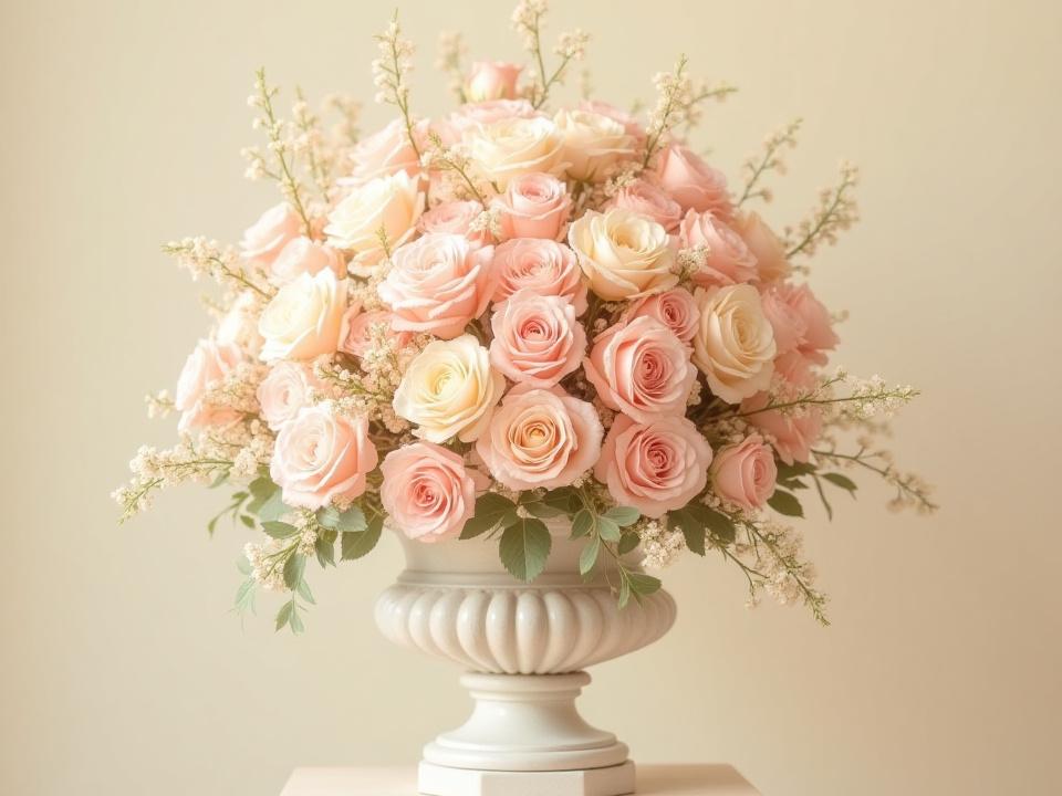 Towering arrangement of soft pink and cream garden roses with delicate greenery