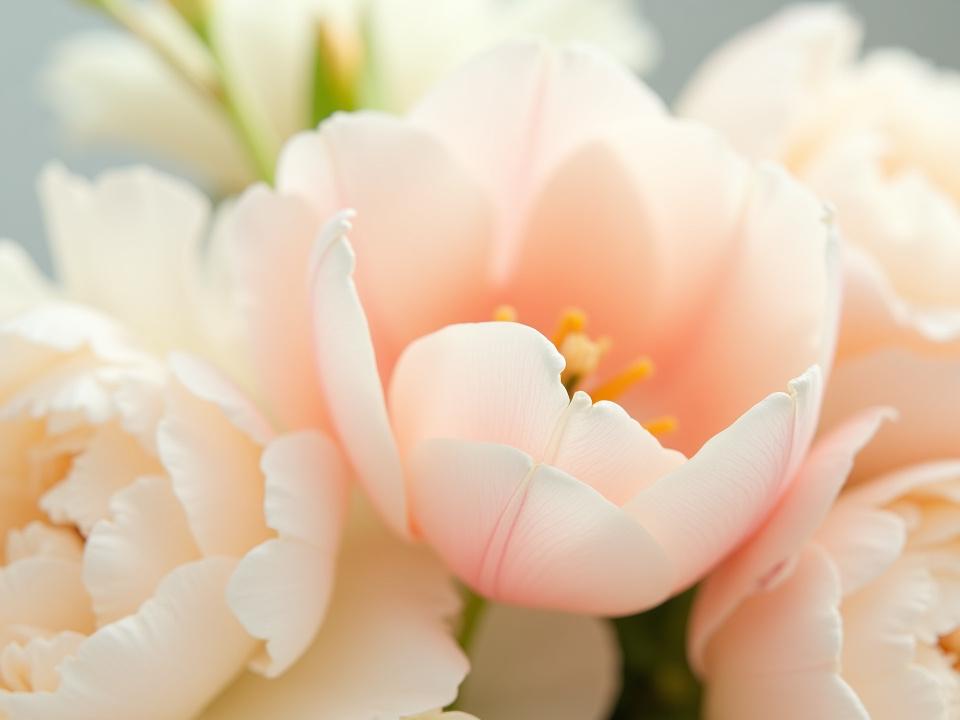 Cascading arrangement of Dutch tulips and French peonies, reminiscent of Monet's paintings