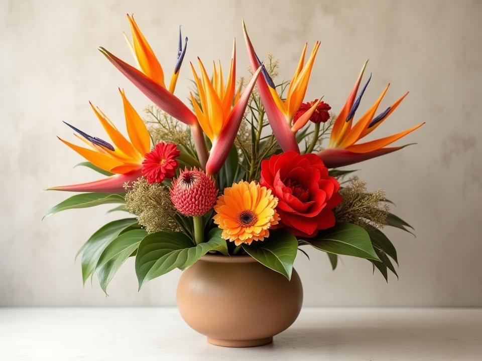 Vibrant, exotic arrangement featuring heliconia, ginger, and protea in a modern ceramic vase