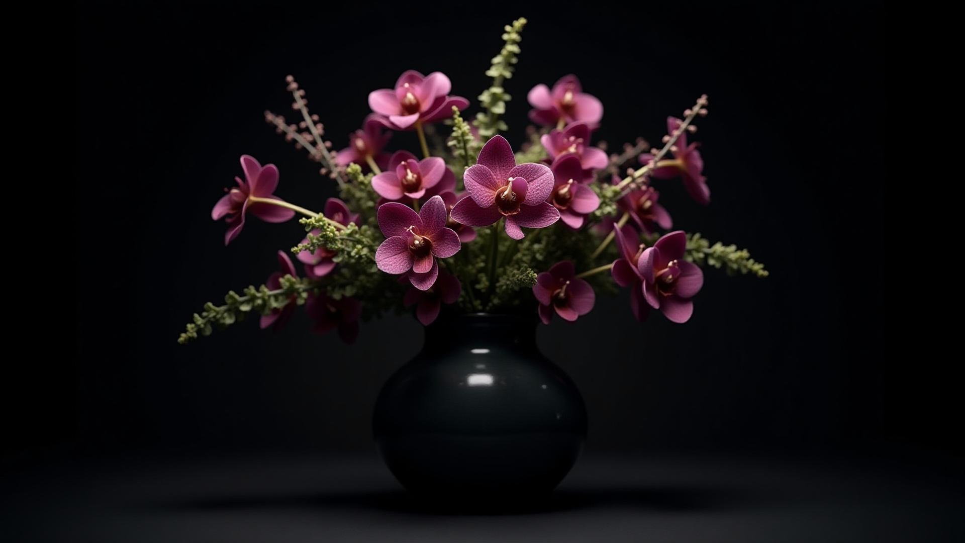 Dramatic, high-fashion style floral arrangement featuring rare and exotic blooms with dark, moody lighting