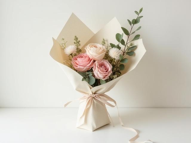 'Prairie Blush' a delicate, eco-friendly bouquet with soft pink and cream native blooms, wrapped in brown paper, indicating 'Sustainable Choice'.