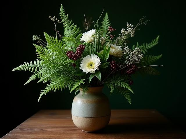 'Woodland Whisper' a rustic, eco-conscious bouquet featuring deep greens, earthy textures, and berries, indicating 'Sustainable Choice'.