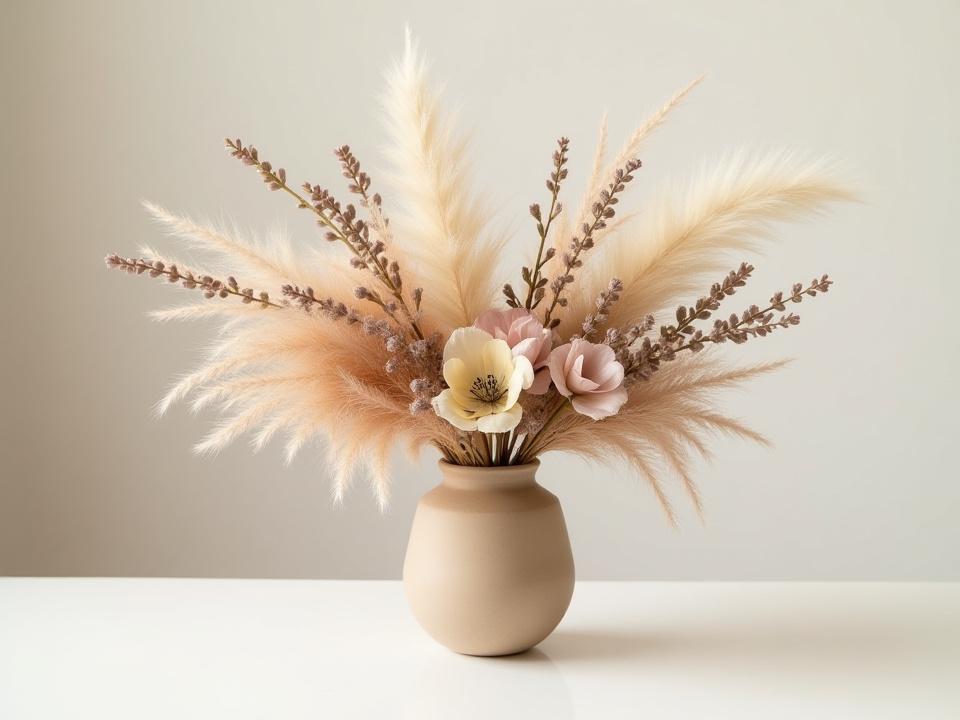 A beautifully arranged bouquet of dried flowers and artisan wood flowers, showcasing long-lasting floral alternatives.
