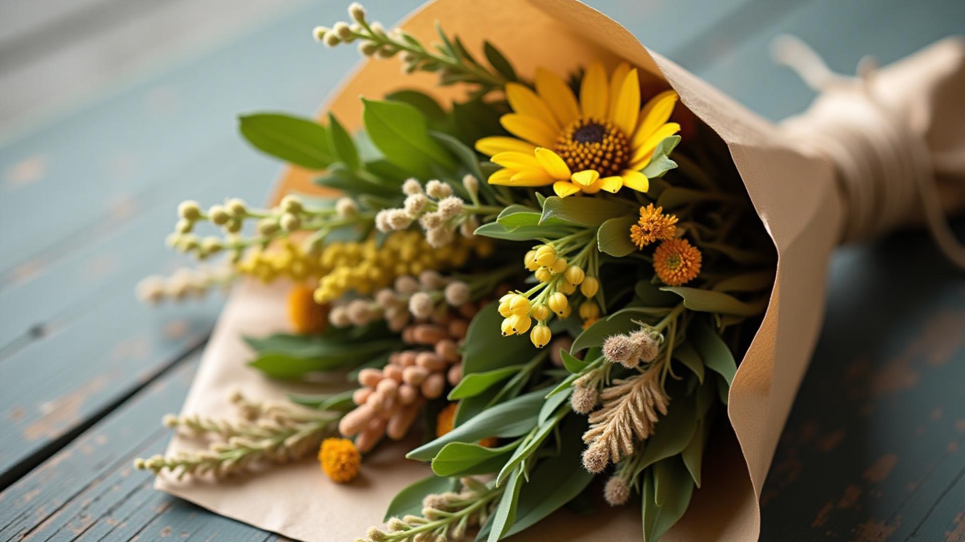 Close-up of a hand-tied bouquet with native wildflowers, wrapped in brown paper and twine, symbolizing sustainable floristry.