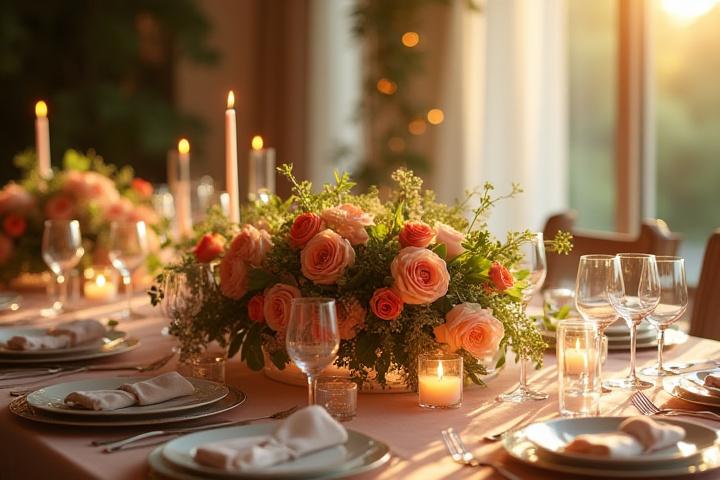 A elegantly decorated wedding reception table with floral centerpieces and soft lighting, symbolizing a successful wedding consultation.