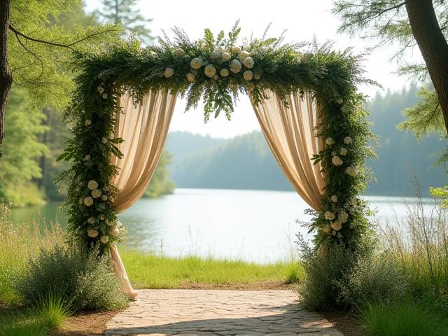 Outdoor wedding altar with abundant greenery and draped fabric