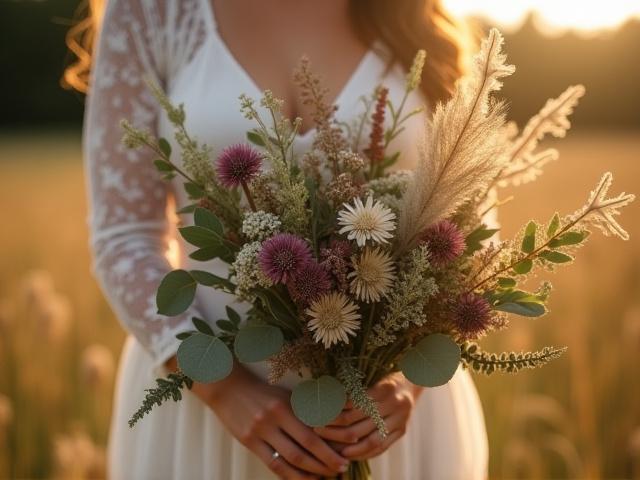 Wildflower bridal bouquet with varied textures and greenery