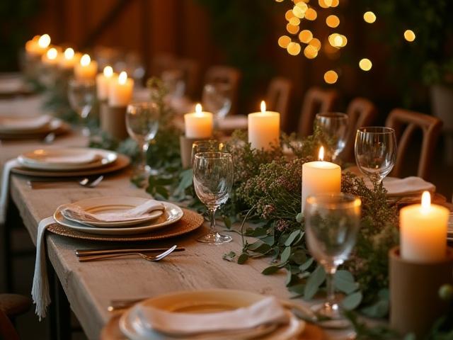 Rustic wedding table with loose greenery and wooden elements