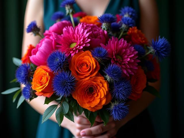 Vibrant bridal bouquet with jewel-toned flowers