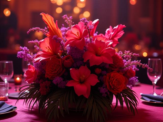 Dramatic, colorful floral centerpiece for a reception