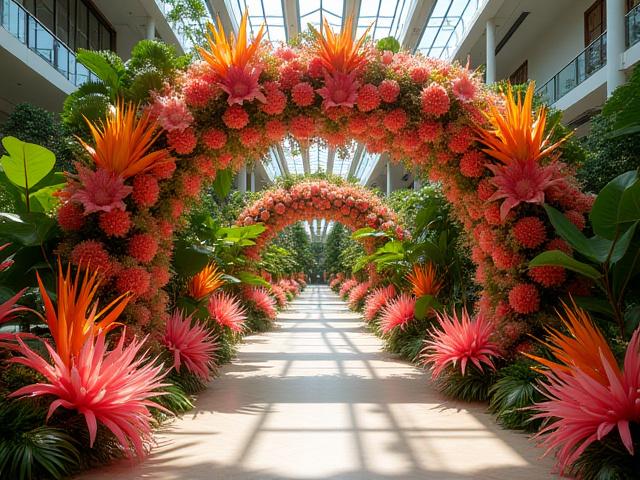 Large-scale floral installation with tropical and vivid colors