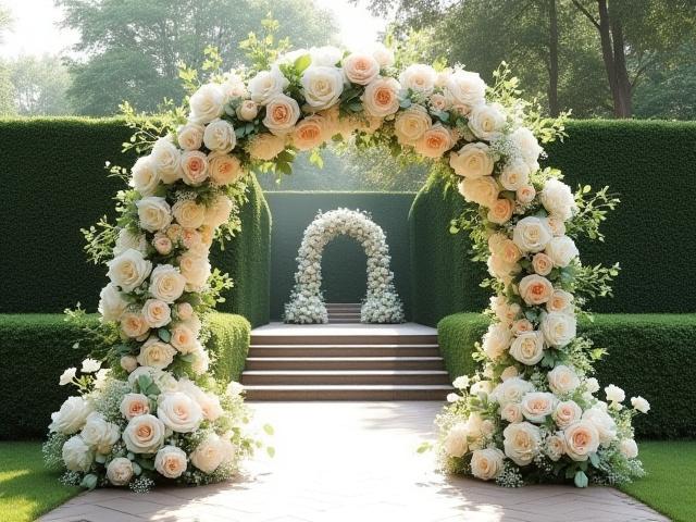 Wedding ceremony arch adorned with classic white and pink flowers