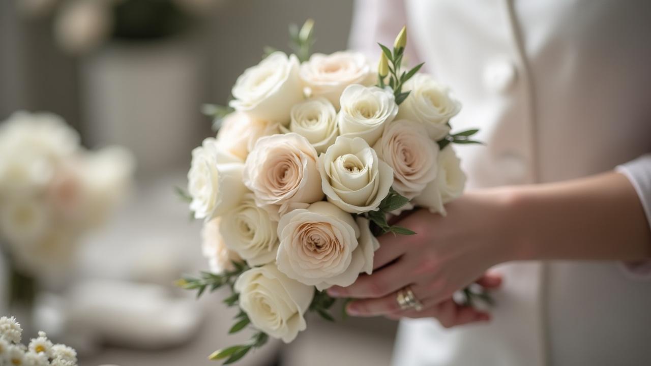Florist hands arranging a beautiful wedding bouquet.